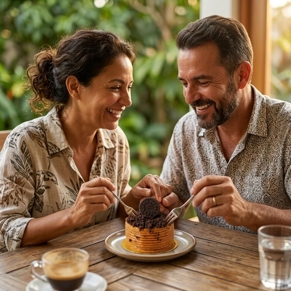 Pareja disfrutando una Mini Torta Corazón de Oreo artesanal con café en Barranquilla